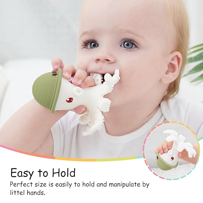 Mombella Octopus Teether for Babies 3 Months Up, Soft Silicone Infant Teething Toy, Functional Baby Chew to Soothe Sore Gums, BPA Free, Grass Green