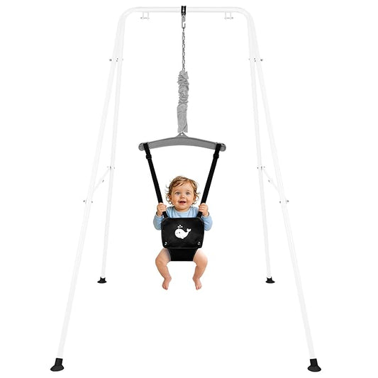 Baby Jumper with Stand, Foldable Activity Jumper for Infants, Height Adjustable Baby Bouncer No Doorway Needed Toddler Jumper, Portable Indoor Outdoor Baby Activity Center for 6-12 Months (Black)