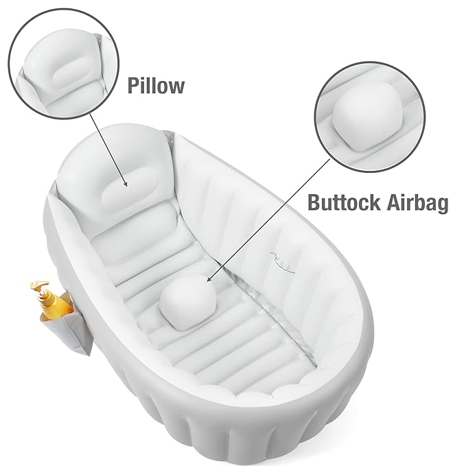 PandaEar Inflatable Baby Bathtub with Air Pump, Non-Slip Soft Cushion Bathing Tub for Toddlers & Infants (0-36 Months), Collapsible Travel-Friendly Blow Up Pool with Side Pocket & Backrest (Gray)