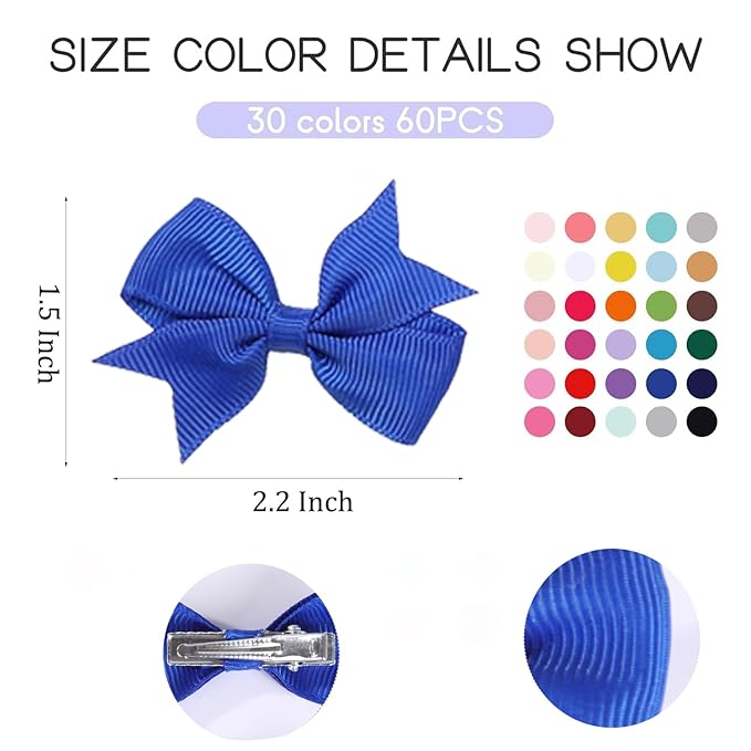 2.2 inch Hair Bows for Baby Girls,60PCS Grosgrain Boutique Solid Ribbon Mini Bows Alligator Clips for Baby Girls Newborns Toddler in Pairs