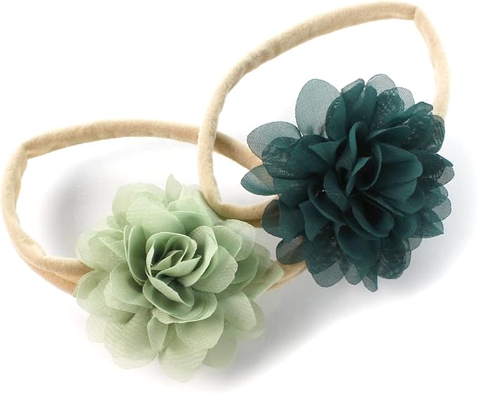 My Lello Baby Girl Rounded Petal Chiffon Flower Nylon Elastic Headbands Set 2pcs - Small - Light Sage/Hunter Green