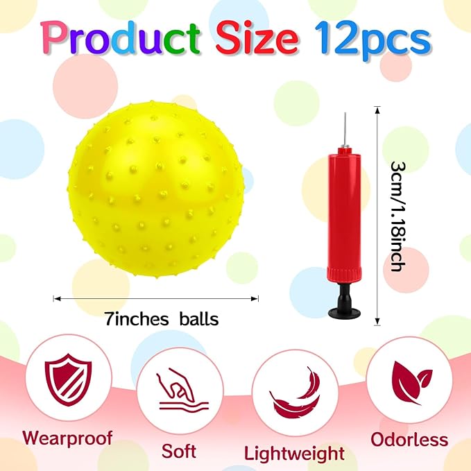 12PCS Bouncy Balls for Kids Toddlers, 7 Inch Sensory Balls Spiky Massage Stress Ball Bulk with Air Pump, Indoor Outdoor Sports Sensory Toys & Party Favors (Yellow)