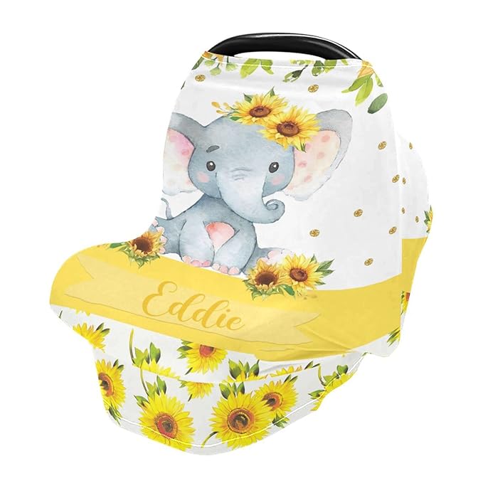 Personalized Baby Car Seat Cover for Boy Girl, Custom Nursing Covers for Breastfeeding with Name, Infant Stroller Cover, Baby Carseat Canopy for Newborn, Multiuse Car Seat Canopies, Sunflower Elephant