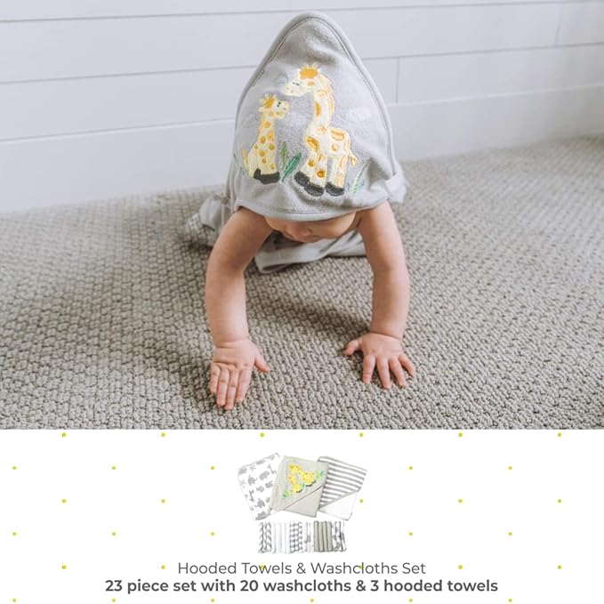 Spasilk 23-Piece Soft Terry Hooded Bath Towel and Washcloth Gift Set, 3 Baby Towels and 20 Baby Washcloths for Unisex Newborn Bath Essentials, Ideal, Gray Giraffe Safari