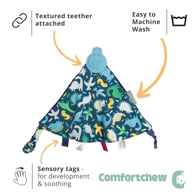 Cheeky Chompers Comfortchew | Baby Lovey with Silicone Teether & Sensory Tags | Soft Fleece Material, Attachable Loop, Machine Washable | (Baby Dino)
