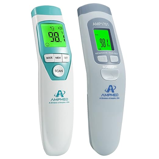 Amplim 2-Pack Hospital & Medical Grade Non Contact Digital Infrared Forehead Thermometer for Babies, Kids, and Adults.