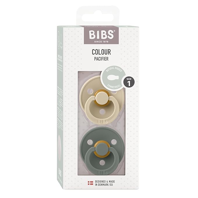 BIBS Pacifiers 0-6 Months | Colour Collection 2-Pack | BPA-Free Symmetrical Natural Rubber Nipple | Made in Denmark | Vanilla/Pine Color Pacifier