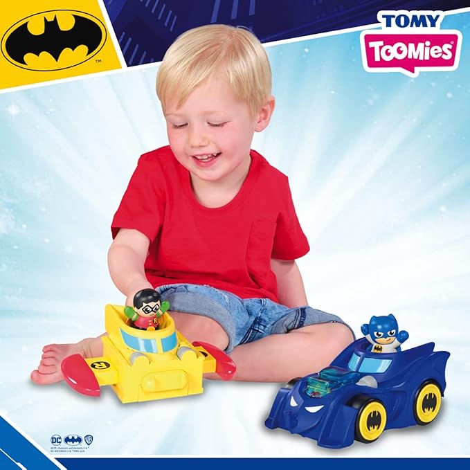 Toomies DC Comics Batman E73262 3 in 1 Vehicle Transforms into Mini Batmobile and Jet, Engine Popping Effect, Flywheel Drive Push Along, from 12 Months