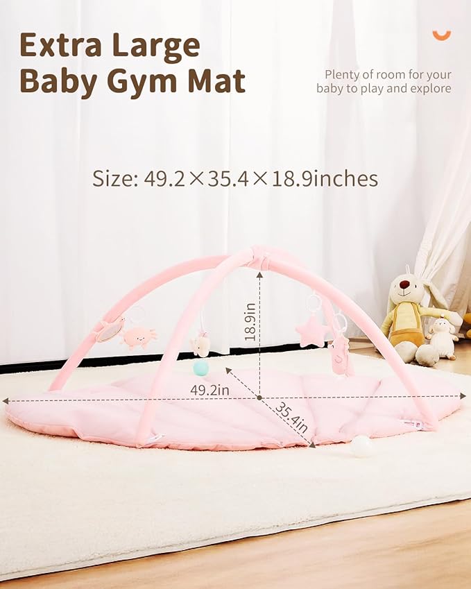 ANGELBLISS Baby Play Gym Mat, Reversible Tummy Time Mat with 6 Sensory Toys for Stage-Based Developmental, Thick & Large Baby Activity Center from Newborn to Toddler (Pink)