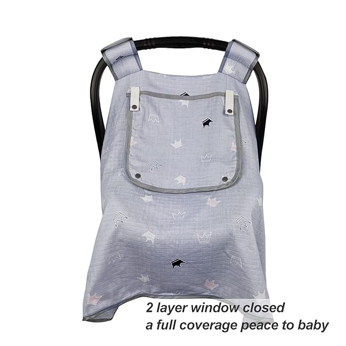 ICOPUCA Car seat Covers for Babies, kick-Proof carseat Cover boy Girls, carseat Canopy with Window, Light Weight Muslin, fit Summer/Autumn/Spring, Neutral, Grey Crown;