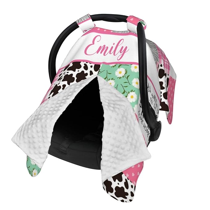 Personalized Baby Car Seat Canopy for Babies with Name, Custom Farm Cow Pink Car Seat Covers for Girls, Opening Minky Nursing Breastfeeding Stroller Cover Carseat Canopies for Infant Newborn