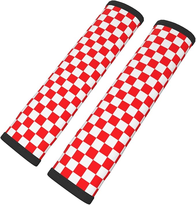 Red White Checkered Print Seatbelt Pads Fits Cars Trucks SUV Sedans Sweat Absorption Car Seatbelt Strap Cover, Simple Style Auto Interior Accessories Protector