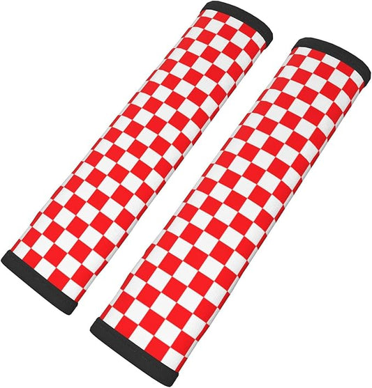 Red White Checkered Print Seatbelt Pads Fits Cars Trucks SUV Sedans Sweat Absorption Car Seatbelt Strap Cover, Simple Style Auto Interior Accessories Protector