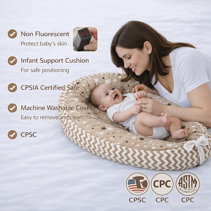 Aila+Aiden Baby Lounger | Organic Cotton Infant Lounger | Reversible, Adjustable & Portable Floor Lounger | Supervised Use | Soft, Breathable, Washable Cover- Star Collection (Tan)