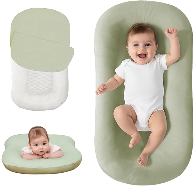 Lucakuins Baby Lounger, Bionic Design Baby Lounger for Newborn 0-24 Months, Soft Organic Cotton Breathable Lounger for Infants (Green Newborn Lounger)