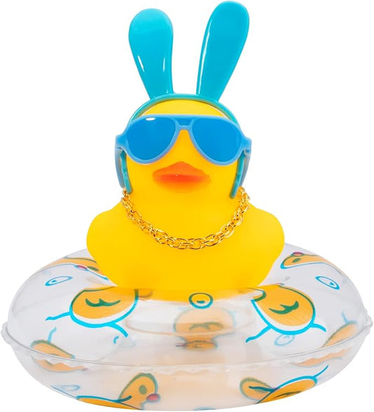 wonuu Car Duck Rubber Duck Car Ornaments Duck Car Dashboard Decorations with Cute Headband Swim Ring Necklace Sunglasses, B-Blue Long Rabbit Ear Headband
