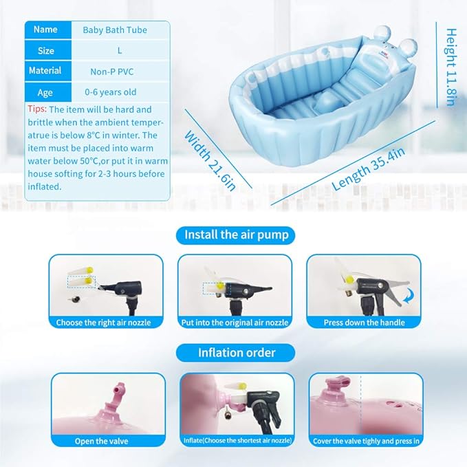 | Inflatable Baby Bathtub,Newborn Bathtub Seat for Infant,Non-Slip Baby Pool for Sitting up,Foldable Toddler Tub Shower,Portable Travel Bath for Kids 0-6 Year (Blue, Animal Print)