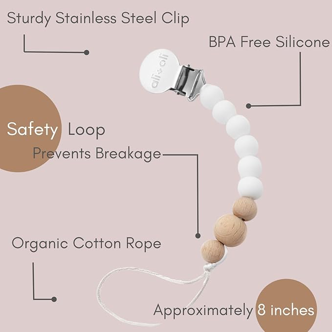Ali+Oli Silicone Pacifier Clip for Baby (White Wood) 100% Food-Grade BPA Free Newborn Pacifier Holder Infant Binky Clip for Baby Boy or Girl