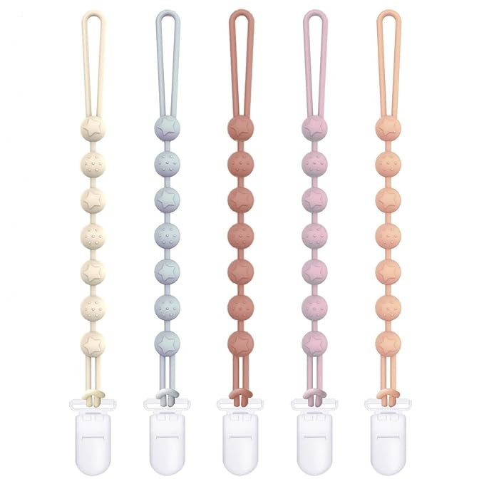 Cuddle Campus Silicone Pacifier Clip Holder with One Piece Design,Soft Flexible Binky Clips with Texture for Baby Boy and Girl Pack of 5 Plastic Clip (0-6m)