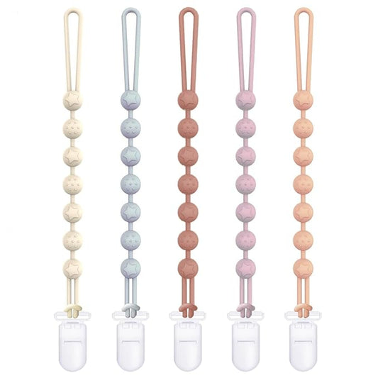 Cuddle Campus Silicone Pacifier Clip Holder with One Piece Design,Soft Flexible Binky Clips with Texture for Baby Boy and Girl Pack of 5 Plastic Clip (0-6m)
