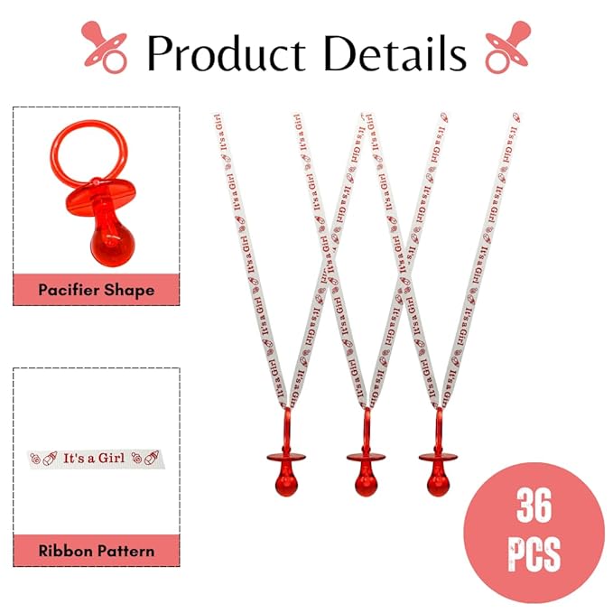 36 Pieces It's a Girl Baby Shower Pacifiers Necklace Acrylic Baby Party Favors Charm Pacifiers Necklace Grosgrain Ribbon Party Decorations Table Scatter (Red)