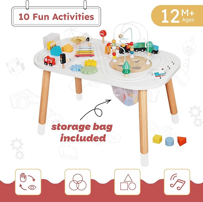 touch us Baby Activity Cubes for Kids,Toddler Activity Cubes&Activity Center Table with Wooden Bead Mazes，Mini Toy Car,Gears&Blocks|Wooden Desk Play Table as Montessori Toy for 1 Year Old Boy Girl