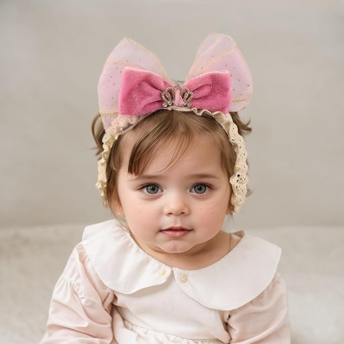 Cute Lace Bow Baby Girls Headbands Large Knot Hair Band Soft Chiffon Hairband Elastic Shower Hair Accessories for Newborn Infant Toddler Kids (Crown, Elastic)