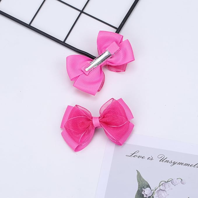 Tiny 3 Inch Organza Double Hair Bow Clips - Lined Boutique Alligator Hairpin for Baby Girls, Toddlers, and Little Teens - Kids Barrettes Set of 2 Small Stylish (Deep Hot Pink)