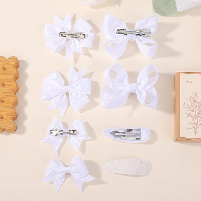 choicbaby 8pcs Baby Girl Hair Bow Clips Set, White Toddler Hair Clips Boutique Grosgrain Ribbon Bow Hair Barrettes Accessories for Infant Toddler Kids