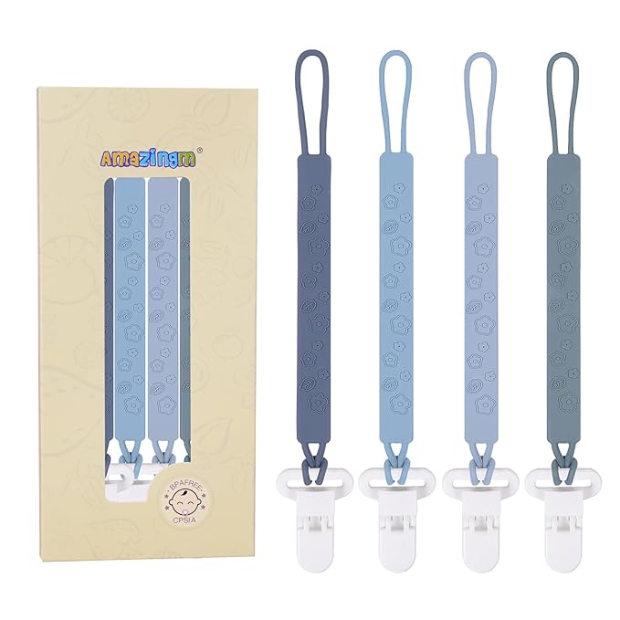 One Piece Design Silicone Pacifier Clip Holder for Baby Boys and Girls,Pack of 4 Flexible Paci Leash,Binky Clips,Newborn Essentials (Flowers & Leaves, Gray)