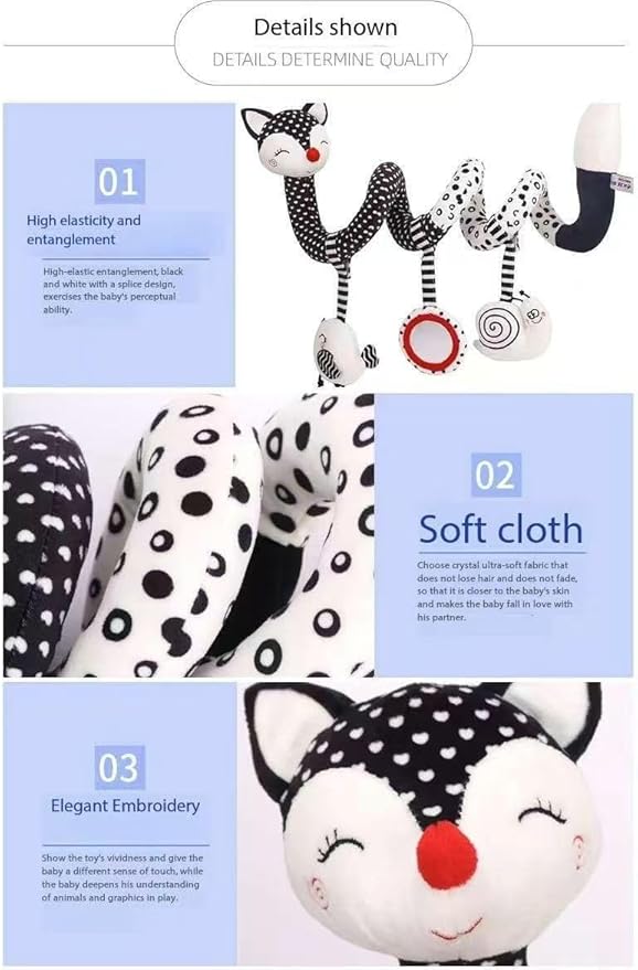 Car Seat Toys for Babies 0-6 Months, Baby Sensory Interaction Cartoon Toys with Bells_Black and White High Contrast Baby Toy Hanging or Wrapping Around The Infant Bed or Strollea03 ﻿