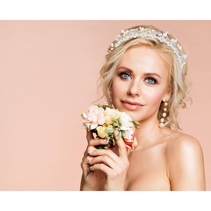 Flower Girl Wedding Headband Crystal Hair Accessories Silver Bridal Pearl Headband for Prom, Birthday, Party, and First Communion