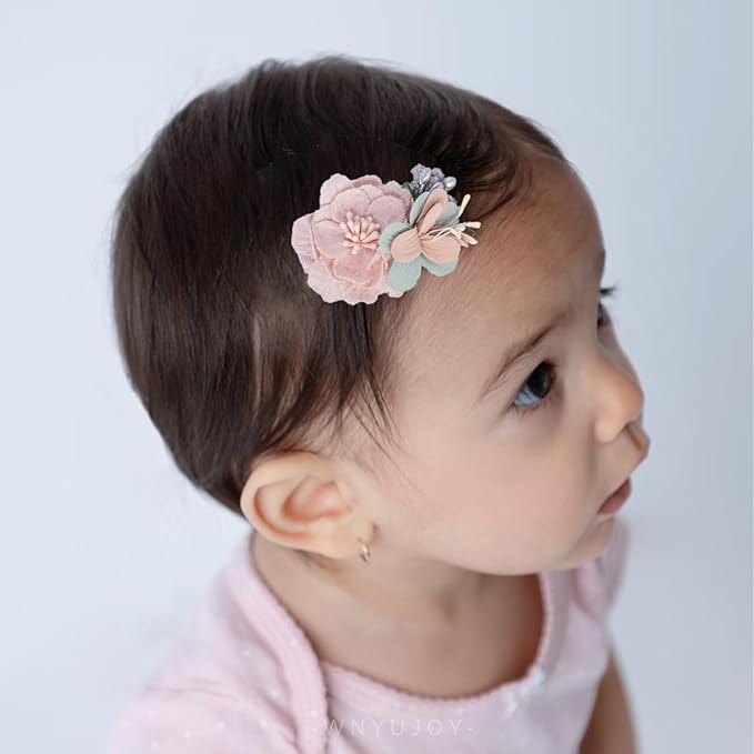 3pcs Girls Flower Hair Clips, Floral Hair Barrettes w/Boutique Fully Lined Alligator, Hair Bows for Baby Newborn Toddler