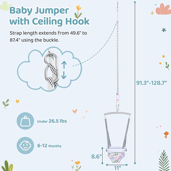 Slevoo Baby Jumper, with Ceiling Hook, Quick-Entry and Space-Saving Portable Infant Jumper for Small Spaces, Joyful Bubbles