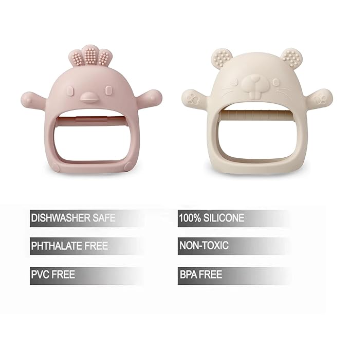 PandaEar 2 Pack Silicone Baby Teething Toys| Baby Hand Teether Mitten for Sucking Needs| Baby Chew Toys Hand Pacifier for Soothing Teething Pain Relief (White/Pink)