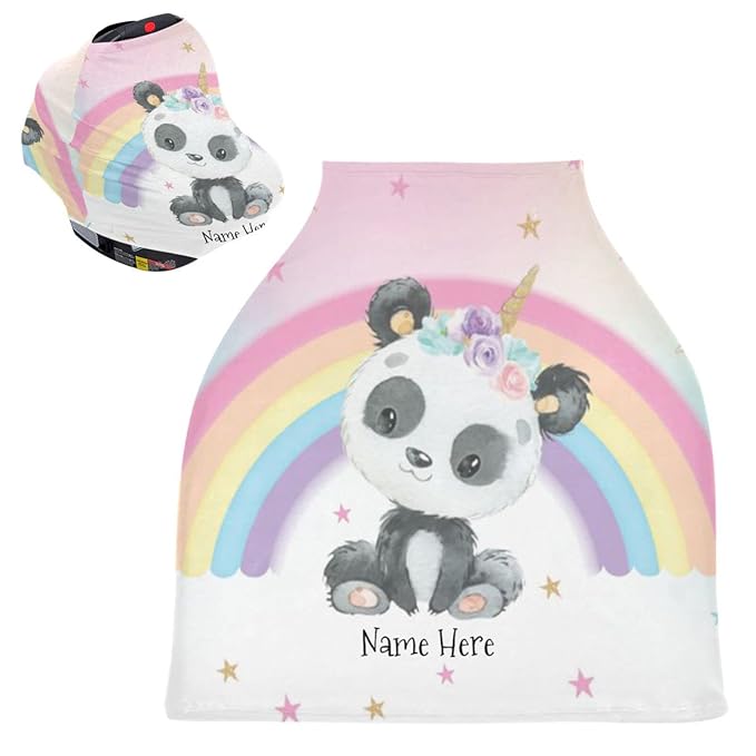 Personalized Rainbow Cute Panda Baby Car Seat Covers for Girls Boys, Customized Multiuse Carseat Canopy with Name, Multiuse Nursing Cover Breastfeeding Scarf, Infant Stroller Cover