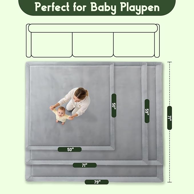 Baby Play Mat for Floor, 1.3 Inch Thick Memory Foam Tummy Time Mat with Non Slip Backing, Soft Coral Velvet 59X79 Inch Playpen Mat Crawling Tatami for Infants Toddlers Kids, Light Grey