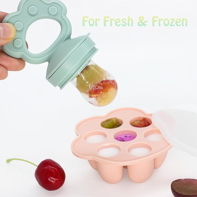 Ginbear Silicone Baby Fruit Food Feeder & Freezer Tray (Set of 2), Infant Teething Feeder Pacifiers with Popsicle Molds Combo 4 Months+ (Mauve/Baby Pink)