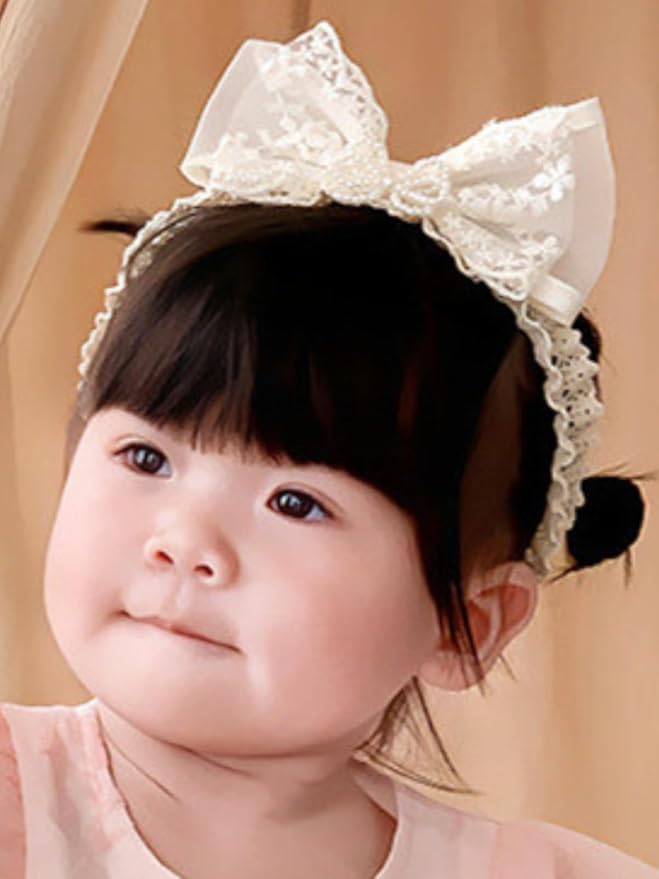 Baby Girls Hairband White Bow Lace Headbands Handmade Soft Stretchy Bowknot Hairbands Newborn Headband with Bows Pearls Elastic Head Band for Newborn Infant(Embroidered Pearl Bow)