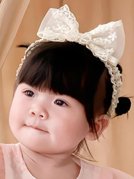 Baby Girls Hairband White Bow Lace Headbands Handmade Soft Stretchy Bowknot Hairbands Newborn Headband with Bows Pearls Elastic Head Band for Newborn Infant(Embroidered Pearl Bow)