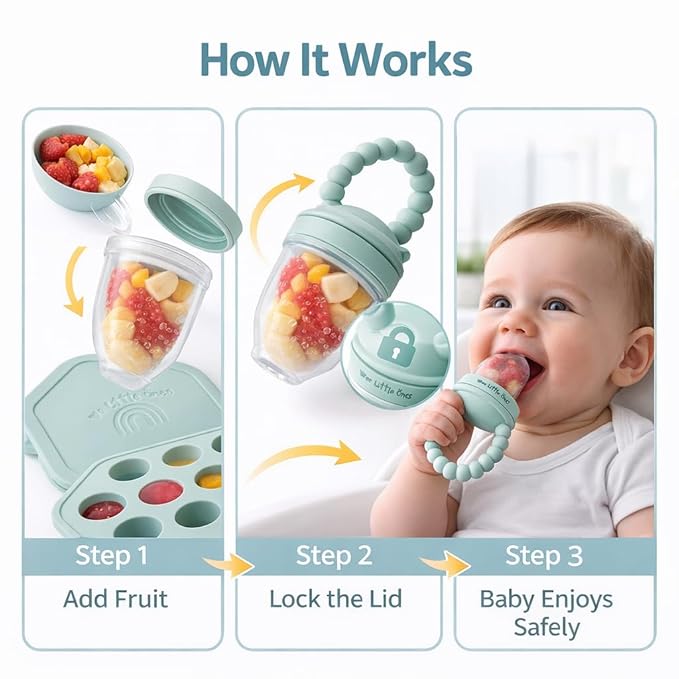 Baby Fruit Feeder Pacifier – Silicone Baby Food Feeder for Teething Relief, Infant Self Feeding Feeder with Freezer Tray & Popsicle Mold, BPA Free Baby Teether for Babies 4-12 Months