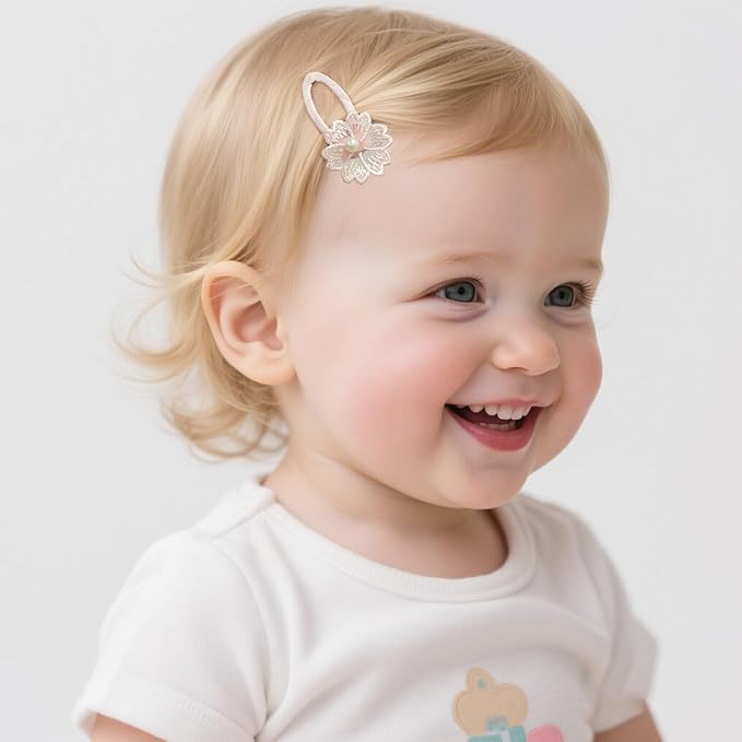 5Pcs Baby Hair Clips for Girls Toddler, 4 Snap Clips + 1 Fully Wrapped Alligator Clip, Soft Gradient Pink Floral Set with Handmade Embroidery & Faux Pearl, Non-Slip Safe Hair Barrettes for Infants