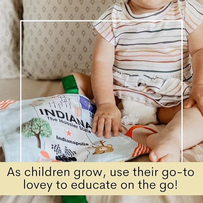 Baby Jack & Co 8x8” Learning Lovey Indiana State Tag Stroller Toy for Babies - Crinkle Toys for Developing Five Senses - Learn About Capitals - Travel with Baby Jack - BPA Free Clip