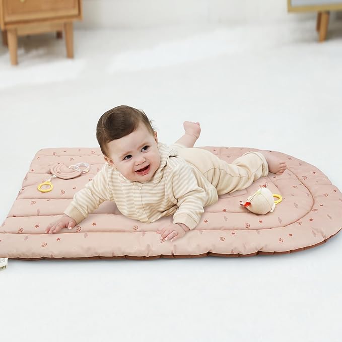 4-in-1 Wooden Baby Play Gym & Activity Mat, Soft Cotton Tummy Time Mat for Babies 0+,with 3 Detachable Toys for Sensory & Motor Skill Development,Newborn Infant Baby Essentials Gift,Blush-Rainbow
