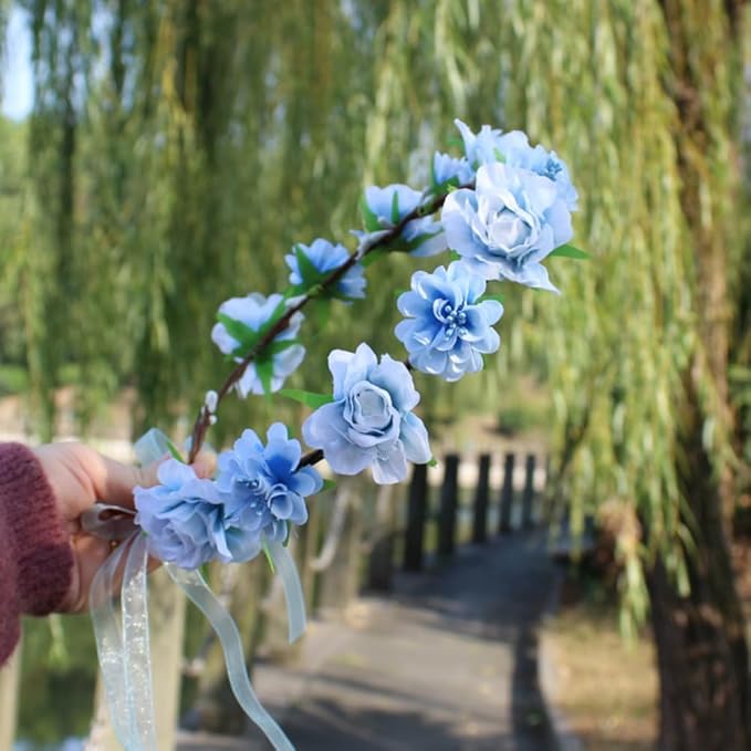 AKOAK 1 Pack Flower Crown, Bohemian Wreath for Girls Floral Tiara, Wedding Headband, Bride Bohemian Wreath/Baby Shower/Photo/Toddler (Blue)