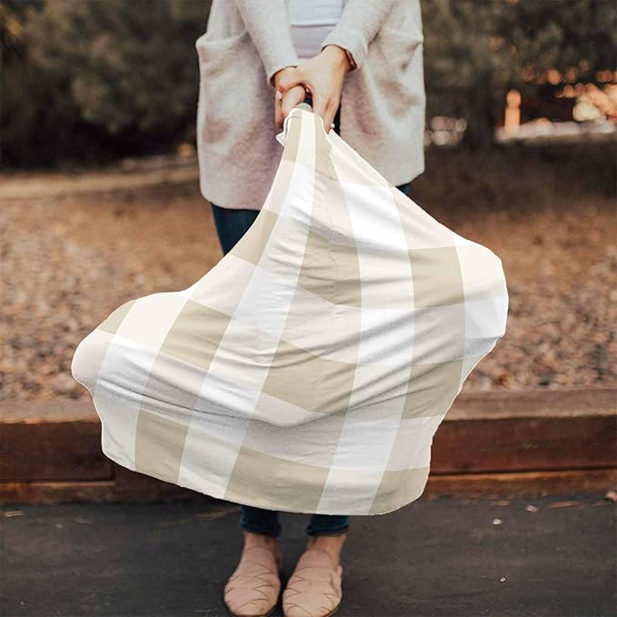 Beige White Plaid Car Seat Covers for Babies, Modern Geometric Checkered Lattice Nursing Breastfeeding Covers Stretchy Breathable Baby Carseat Canopy Cover for Girls and Boys Shower Gifts