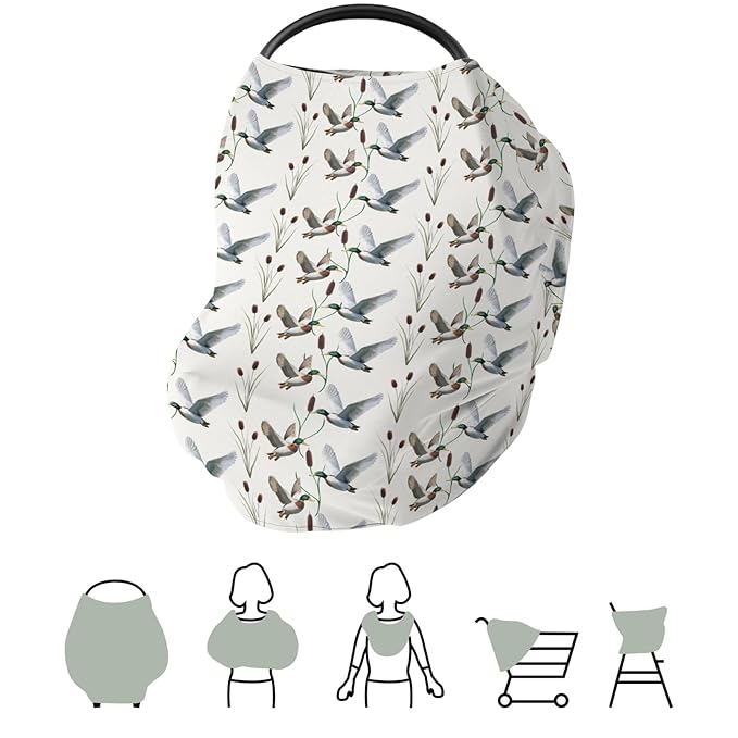 Hunting Mallards Ducks Baby Car Seat Covers Wild Duck Pond Lake Stretchy 5-in-1 Cover Adjustable Infant Carseat Canopy Cover Flying Mallards Waterfowl Breathable Nursing Cover-Up