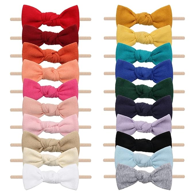 Nylon Baby Headband Hairbands with Tied Bow Stretchy Hairbands and Bows 20 Pack Headwrap for Newborn Infant Toddler Hair Accessories