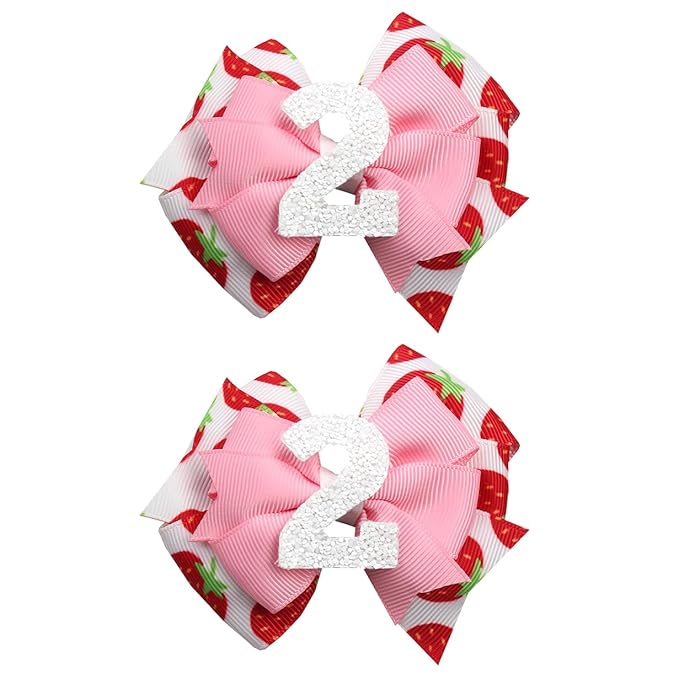 Birthday Hair Bow for Baby Girls - 2Pcs Pink Strawberry Hair Clips for 2nd Birthday Baby Bow Party Decorations for Girls Toddlers Hair Accessories