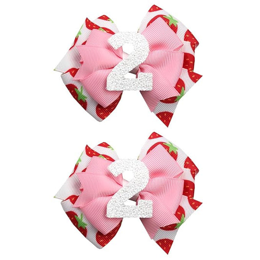 Birthday Hair Bow for Baby Girls - 2Pcs Pink Strawberry Hair Clips for 2nd Birthday Baby Bow Party Decorations for Girls Toddlers Hair Accessories